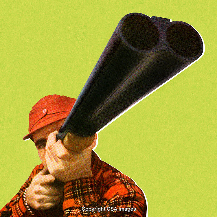 Hunter Aiming Double-Barrel Shotgun Against Bright Green Background