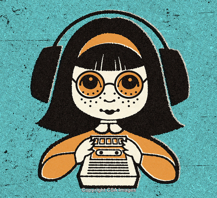 Stylized Cartoon Girl With Glasses and Headphones Holding a Retro Device