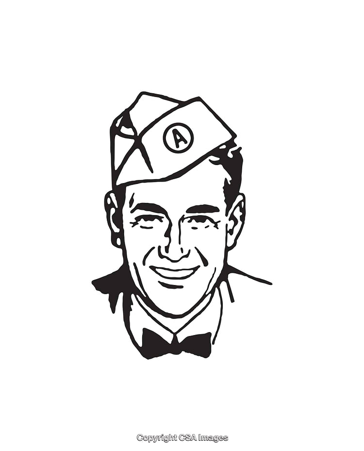 Black and White Line Art of Smiling Man in Uniform