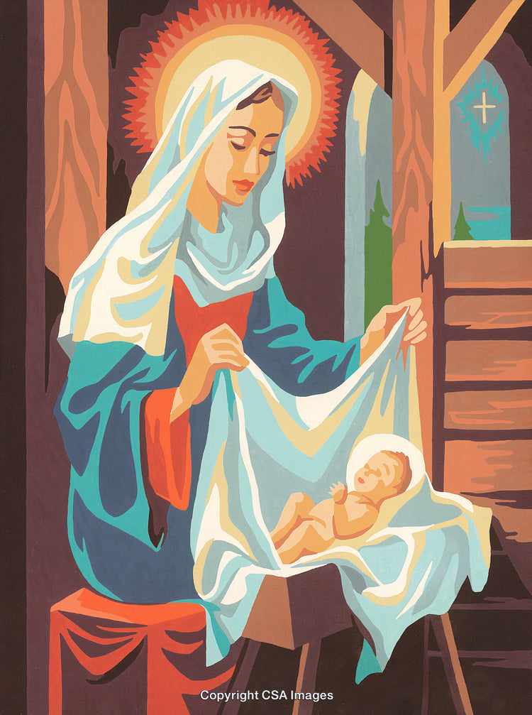 Illustration of Mary and Baby Jesus in Paint by Number Style
