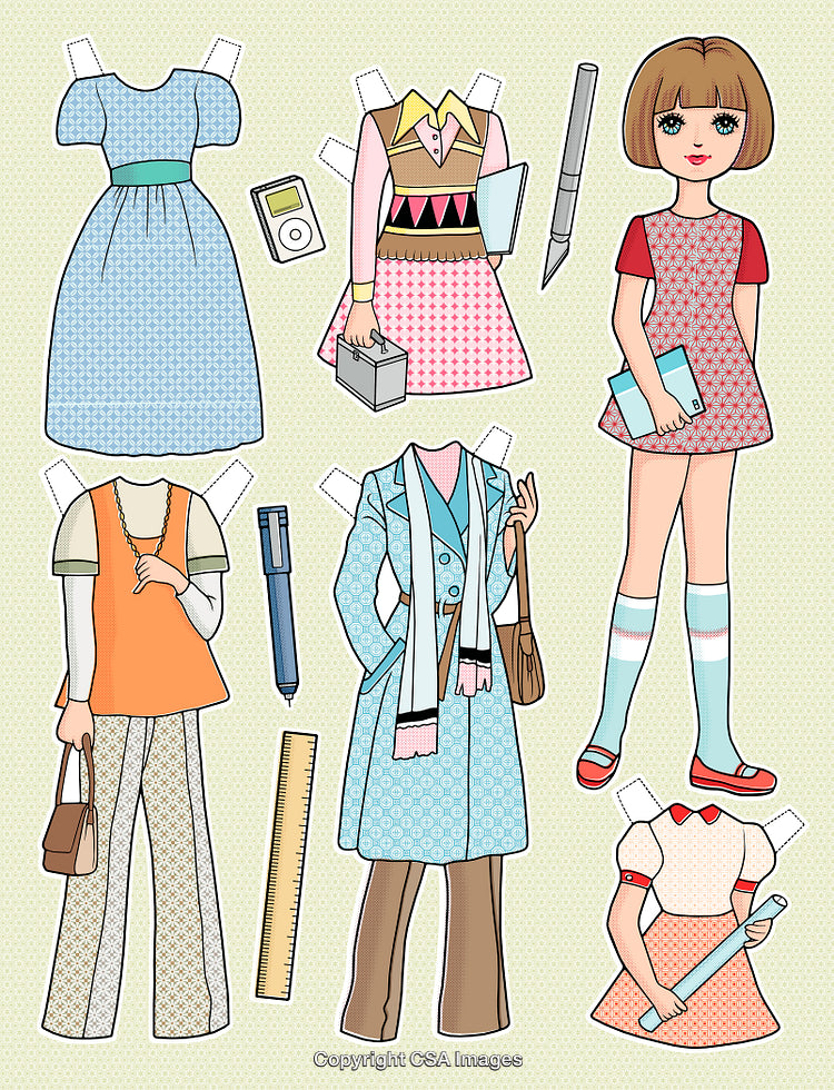 Vintage Style Paper Doll with Outfits and Accessories