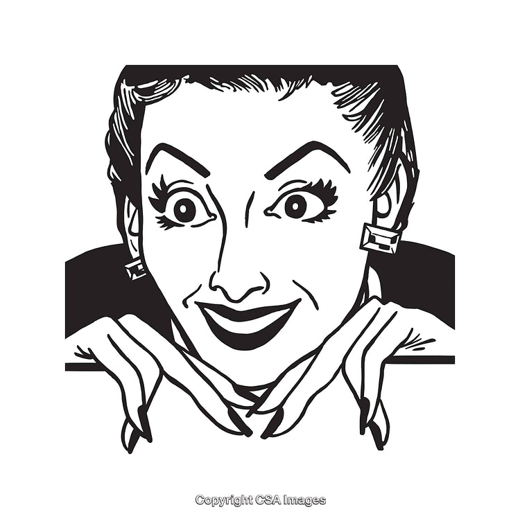 Retro Black and White Illustration of Excited Woman Smiling