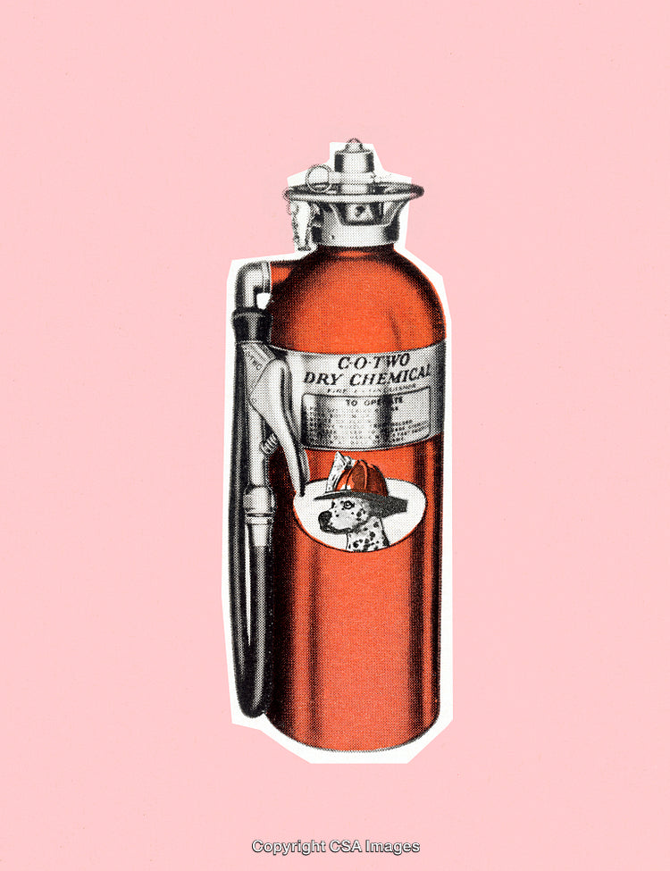 Retro Fire Extinguisher Illustration with Dalmatian on Pink Background