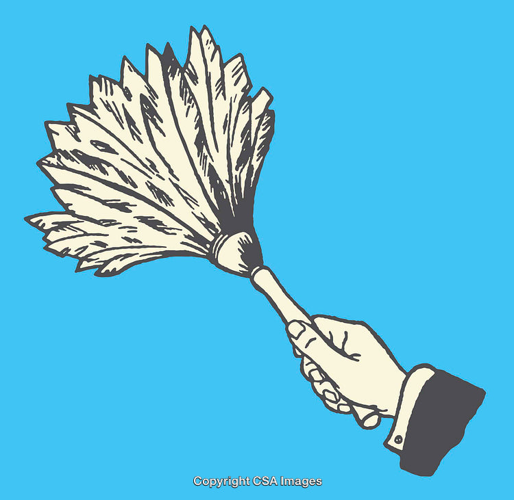 Hand Holding Feather Duster Illustration on Blue Background in Color Line Art