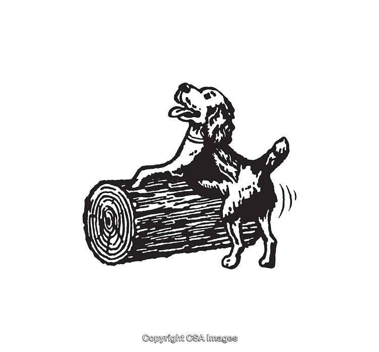 Illustration of a Playful Dog with a Tree Log in Black and White