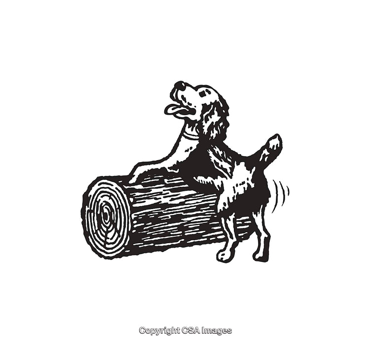 Illustration of a Playful Dog with a Tree Log in Black and White
