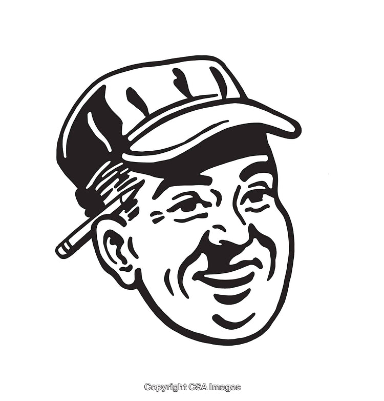 Retro Black and White Line Art of a Smiling Man in a Cap
