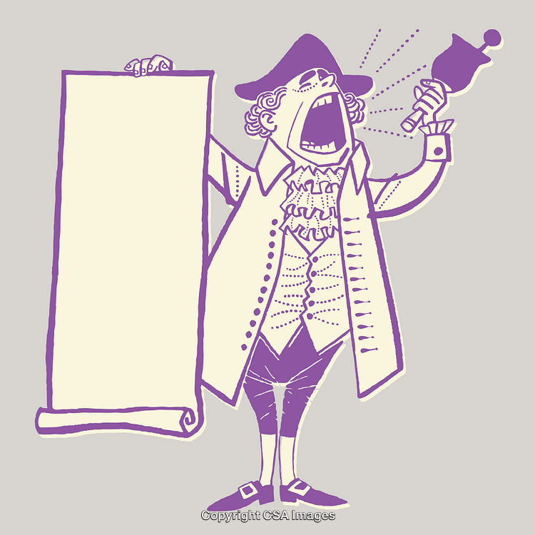 Vintage Town Crier Illustration Holding Scroll with Bell