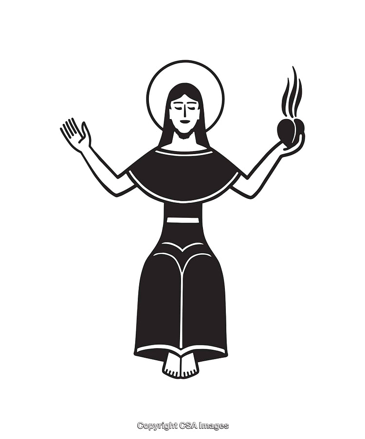 Black and White Line Art Illustration of a Sacred Figure with Heart