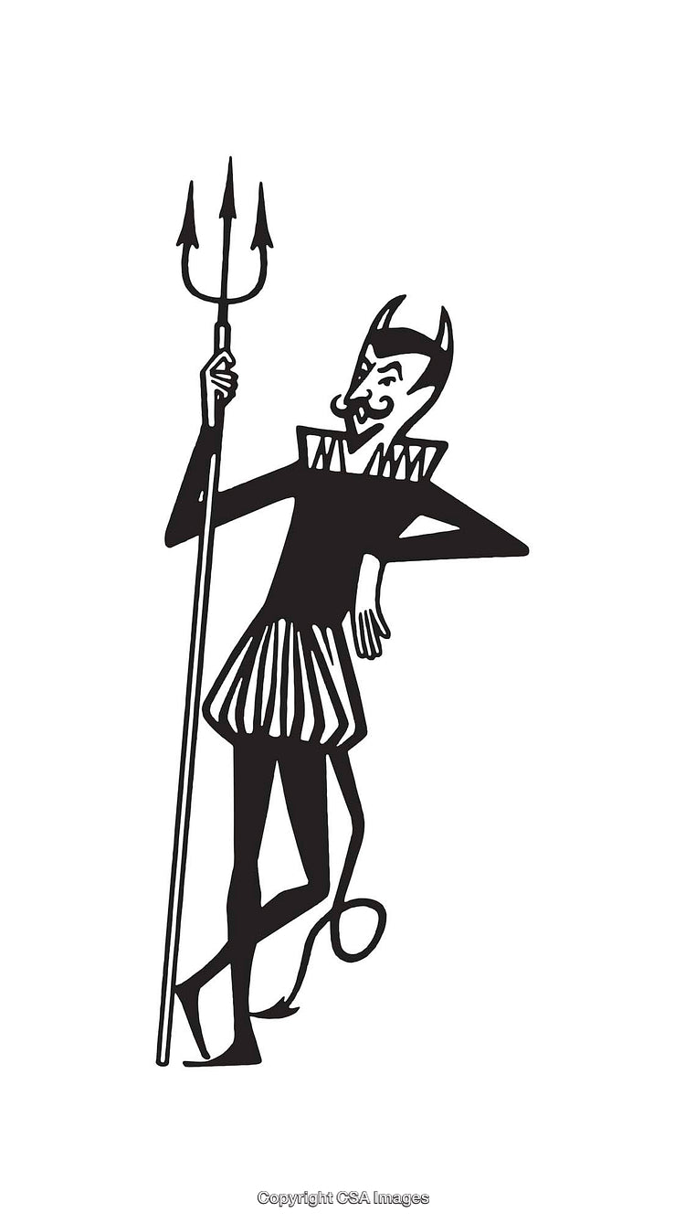 Illustration of a Devil Character Holding a Trident in Line Art Style