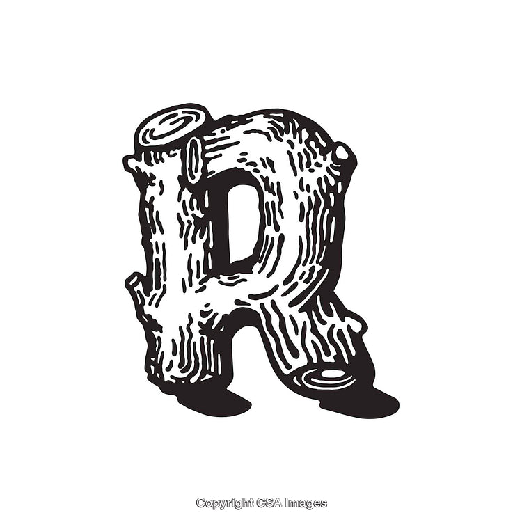 Intricate Woodcut Design of the Letter R with Rustic Appearance