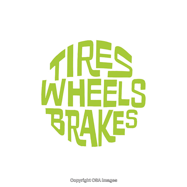 Green Text Design Featuring Tires, Wheels, and Brakes Words in Unique Layout
