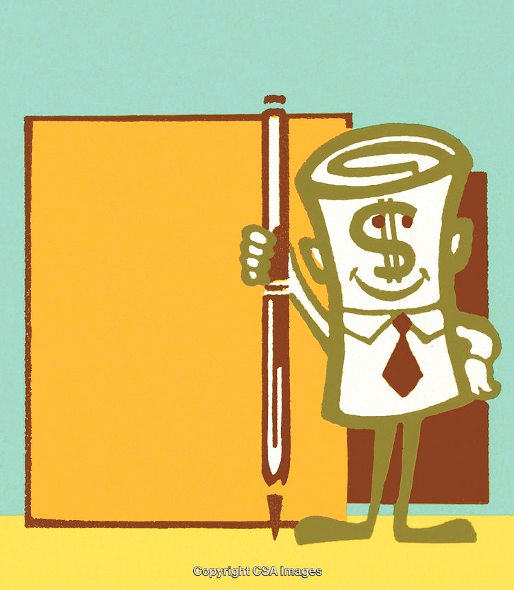 Cartoon Illustration of a Money-Themed Character With a Pen