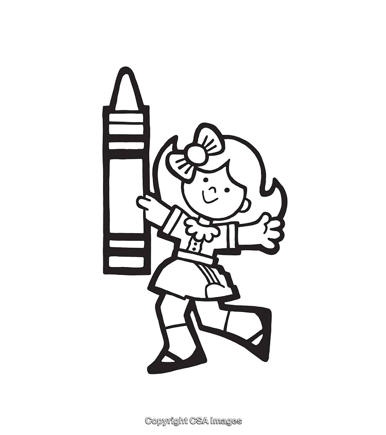 Black And White Line Art Illustration of Girl Holding Large Crayon