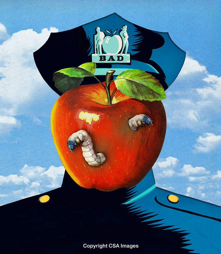 Symbolic Artwork Featuring Apple, Badge, and Worms Against Cloudy Sky