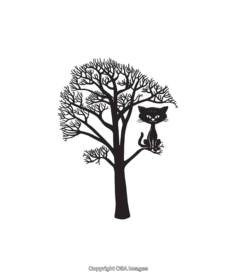 Black and White Illustration of a Cat in a Tree Silhouette