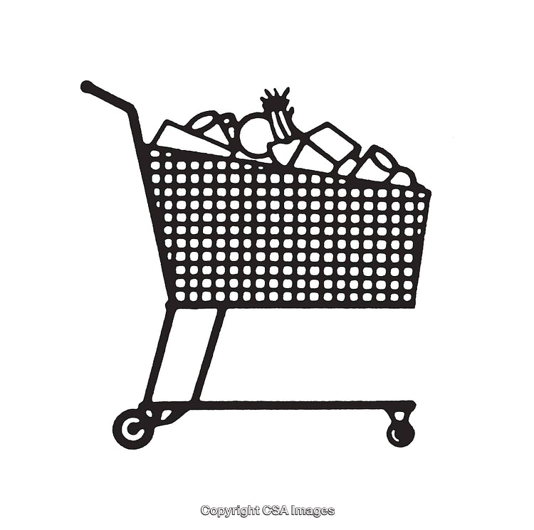 Black and White Line Art Illustration of a Shopping Cart with Items