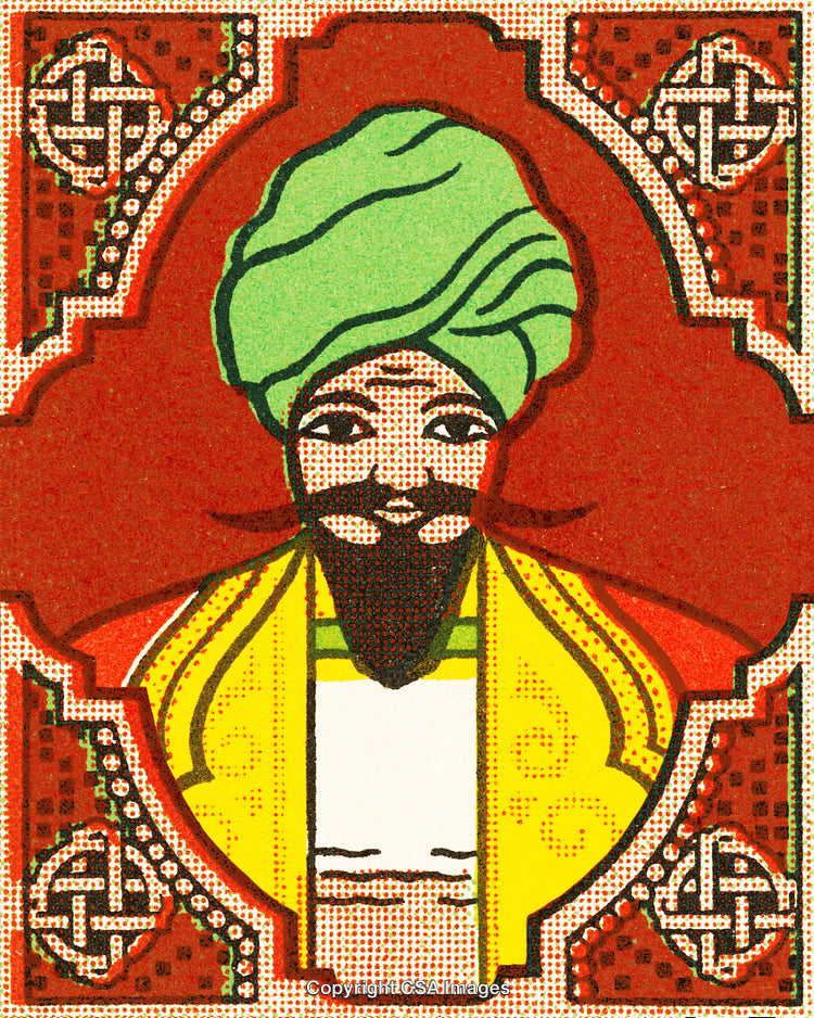 Illustrated Portrait of Traditional Historical Figure in Ornate Decorative Style