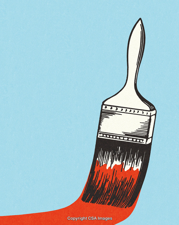Paintbrush with Vibrant Red Paint on a Bright Blue Background