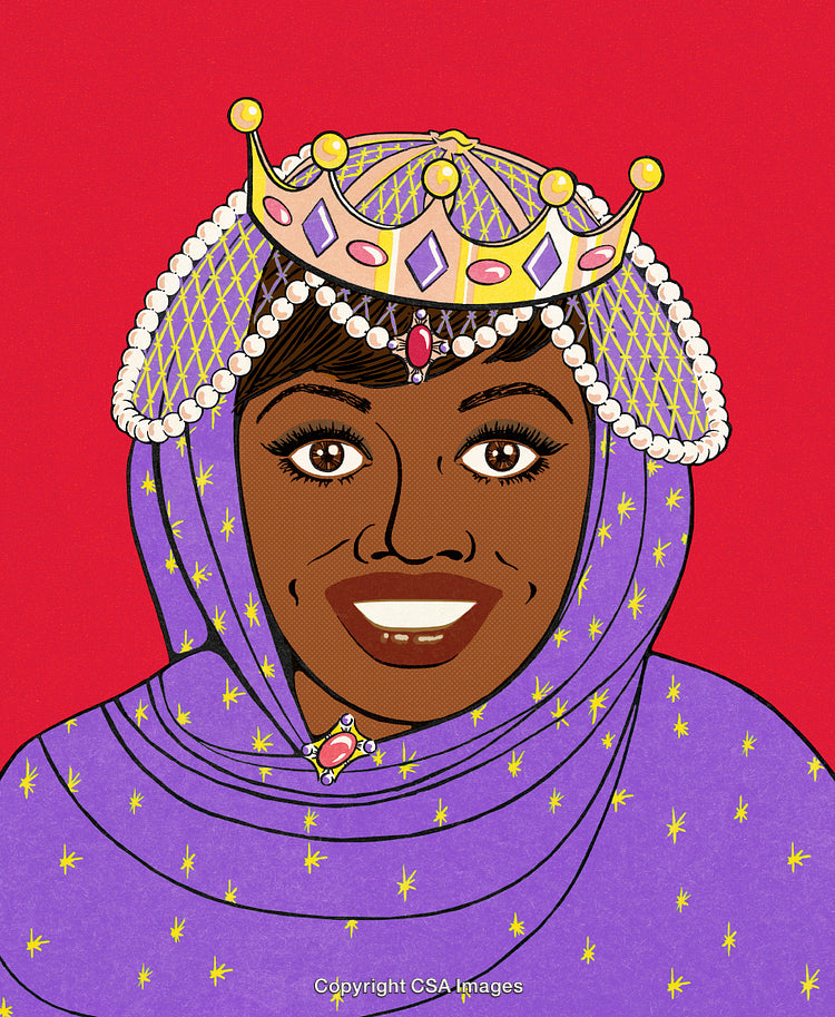 Illustration of a Smiling Woman in a Crown and Colorful Attire