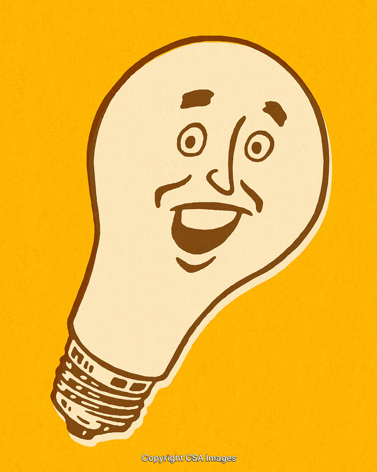 Retro Cartoon Smiling Light Bulb Illustration on Bright Yellow Background