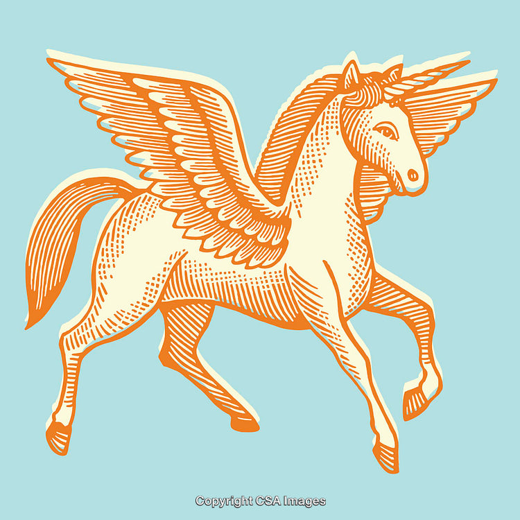 Vintage Stylized Pegasus Line Art Illustration in Vibrant Colors