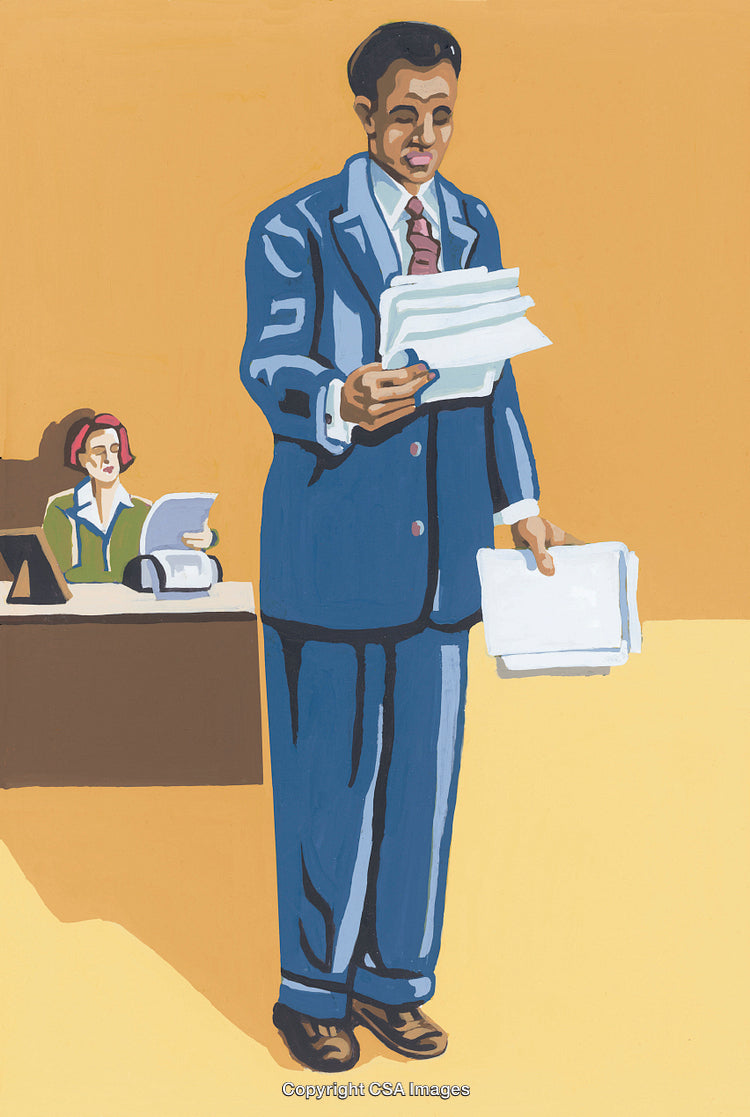 Professionally Dressed Man Reading Papers in an Office Setting Illustration