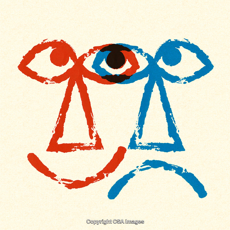 Abstract Red and Blue Simplistic Artwork Depicting Contrasting Emotions and Faces