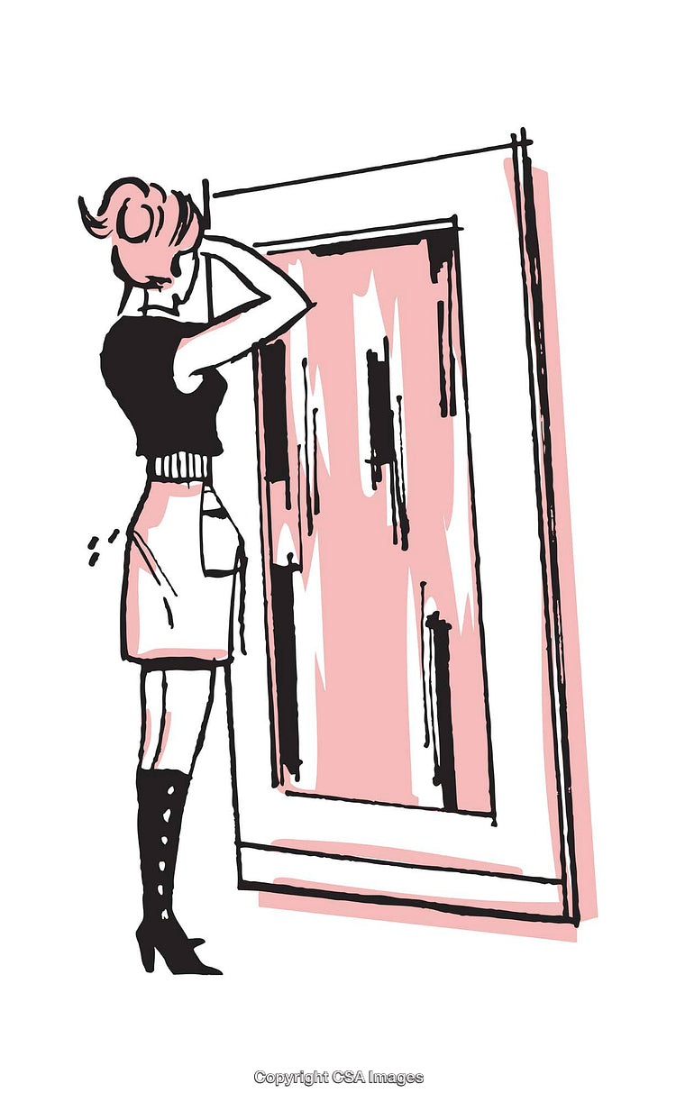Stylized Illustration of a Woman Observing an Abstract Art Piece