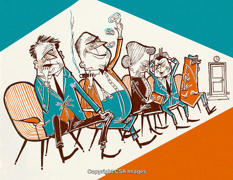 Illustration of Characters Waiting on Chairs Displaying Humorous Personalities