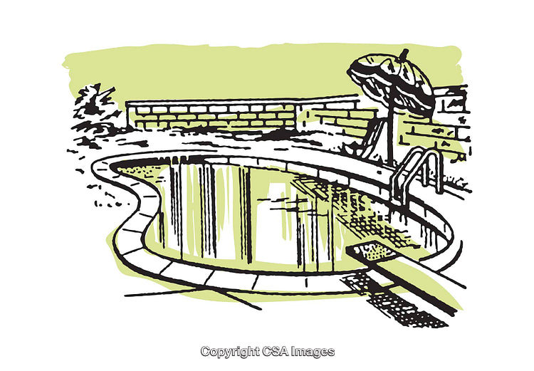 Colorful Illustration of a Swimming Pool with Umbrella in Outdoor Setting