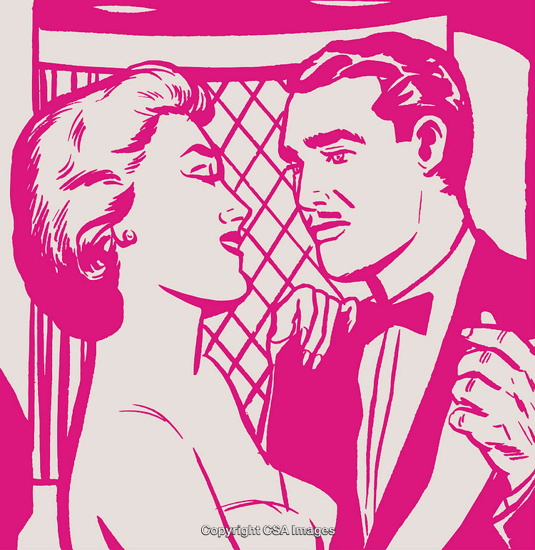 Retro Pop Art Style Romantic Couple Illustration in Vibrant Pink