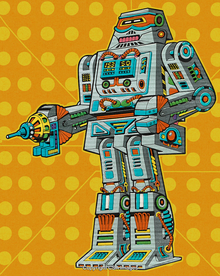 Retro Futuristic Robot Illustration with Vibrant Colors and Geometric Background