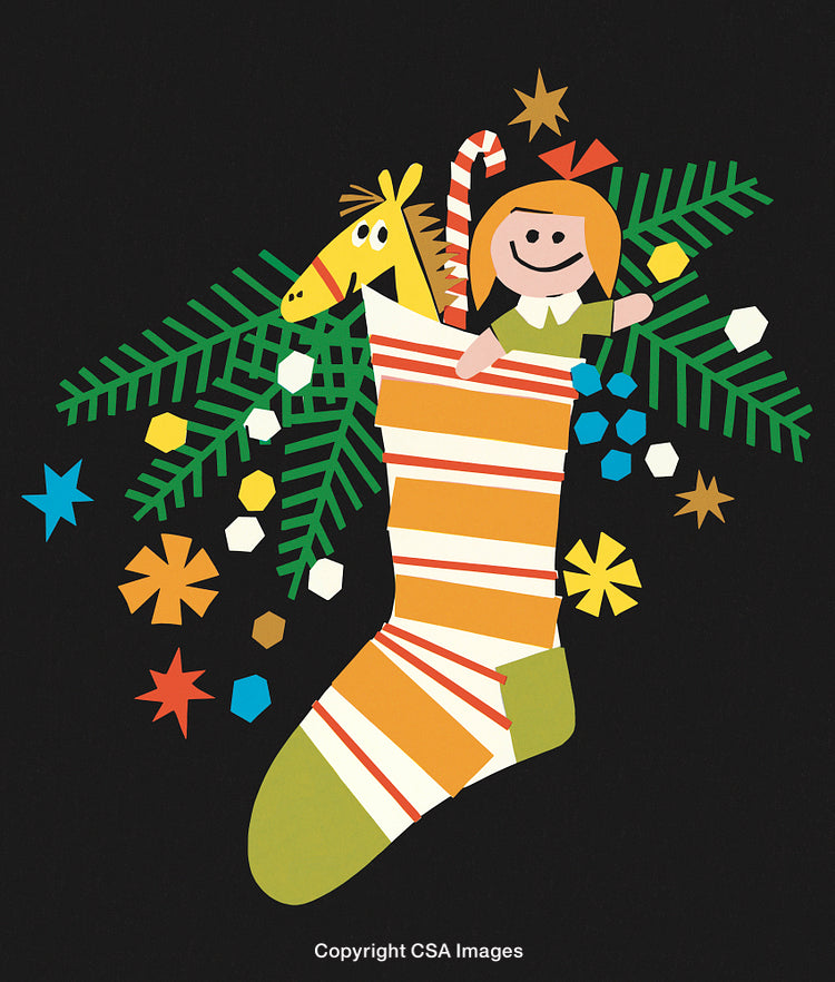 Christmas Stocking With Toys and Greenery on a Festive Black Background