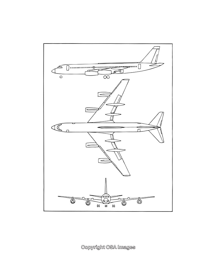 Detailed Black and White Airplane Diagram Featuring Multiple Views