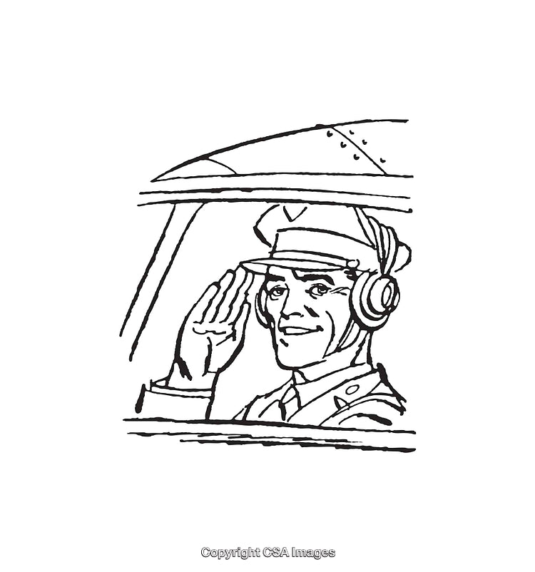 Line Art Illustration of a Pilot Saluting from an Airplane Cockpit