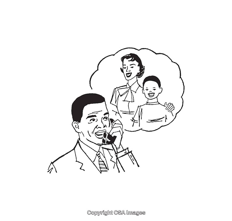 Man Speaking On Phone Imagining Family, Black And White Illustration