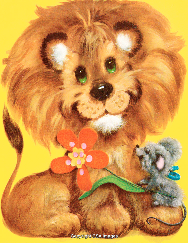 Adorable Lion and Mouse Illustrated Friendship with a Bright Flower