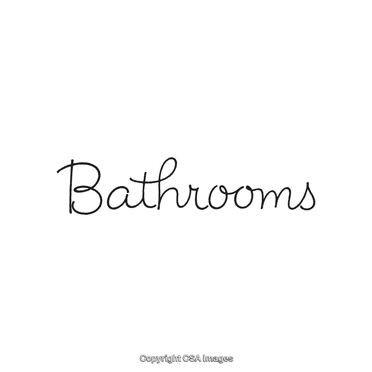 Handwritten Black Script 'Bathrooms' Word on White Background