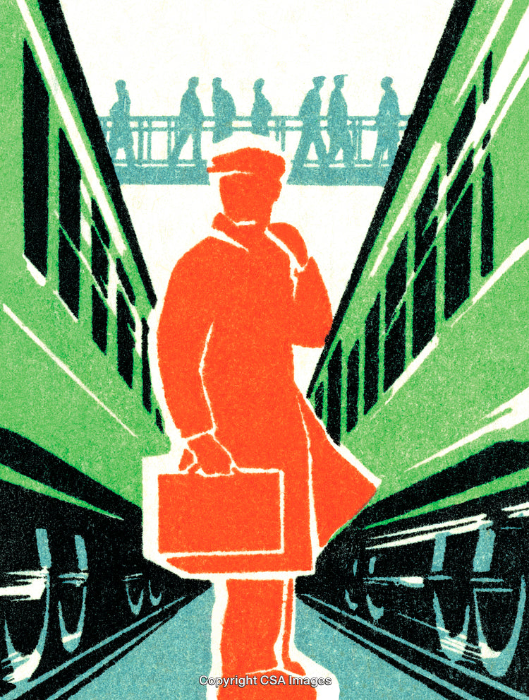 Silhouetted Traveler Standing Between Trains on a Platform