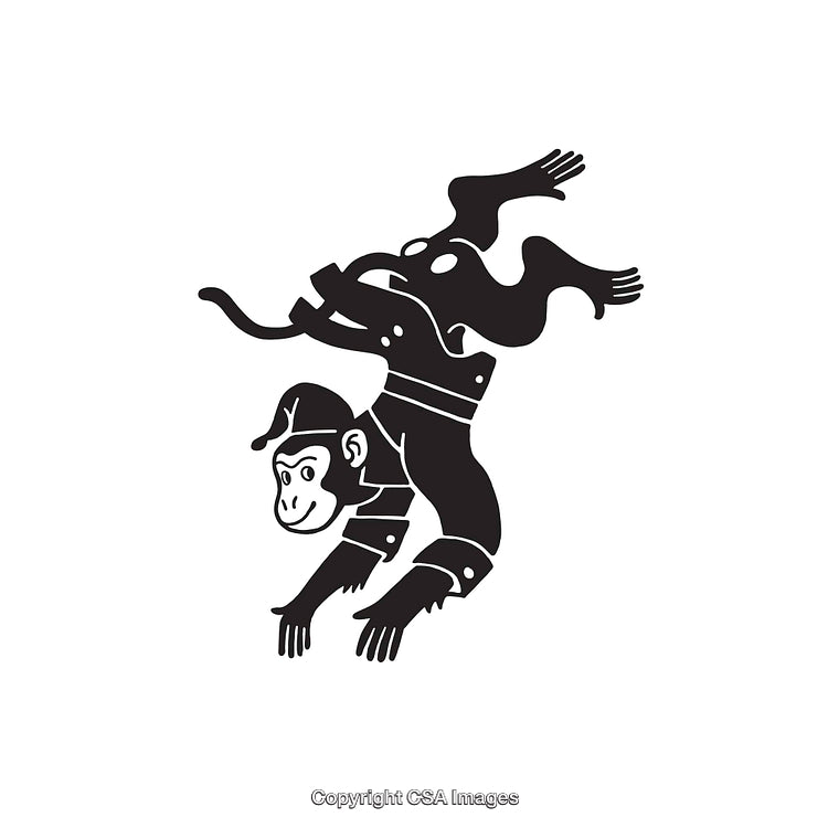 Stylized Monkey Performing Acrobatics in Black and White Illustration