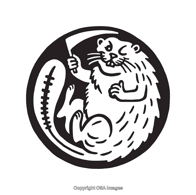 Black and White Line Art Illustration of Beaver Holding a Scythe