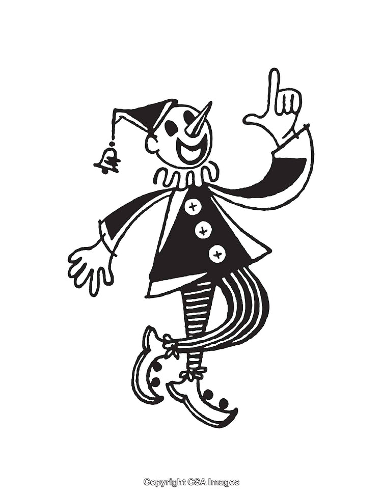Black And White Line Art Illustration of a Happy Dancing Jester