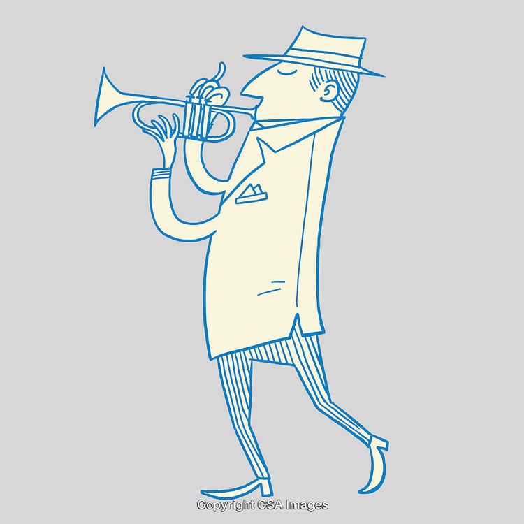 Stylish Jazz Musician Playing Trumpet in Color Line Art Illustration