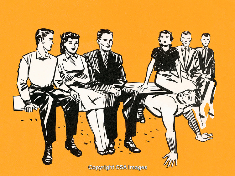 Illustration of a Group in a Stylized Retro Setting with Orange Background