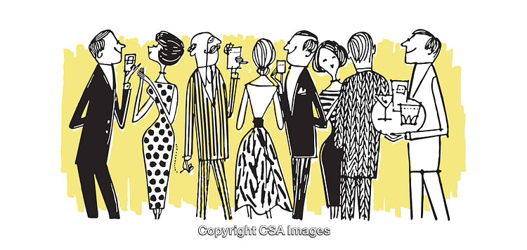 Stylish Illustrated Gathering of Elegantly Dressed People at a Social Event