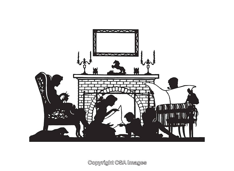 Silhouette Family Scene Relaxing by the Fireplace with Cozy Atmosphere