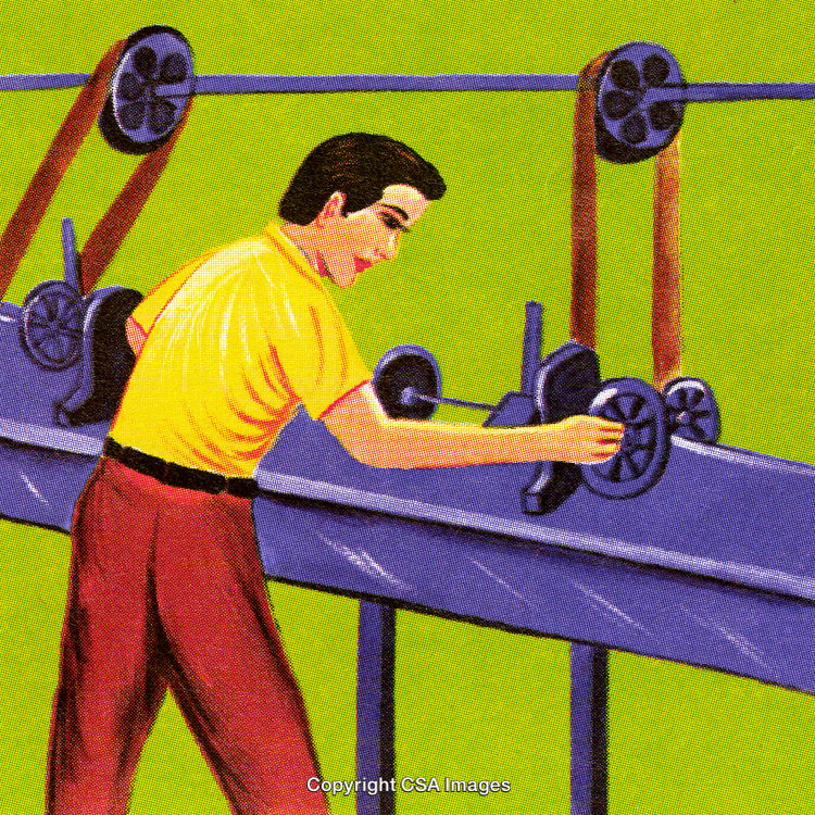 Man Operating Industrial Machinery in a Vintage Illustration with Bright Colors