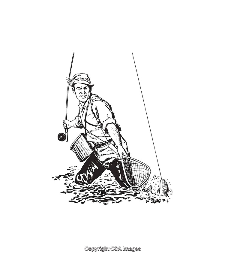 Black and White Illustration of a Fisherman Catching a Fish