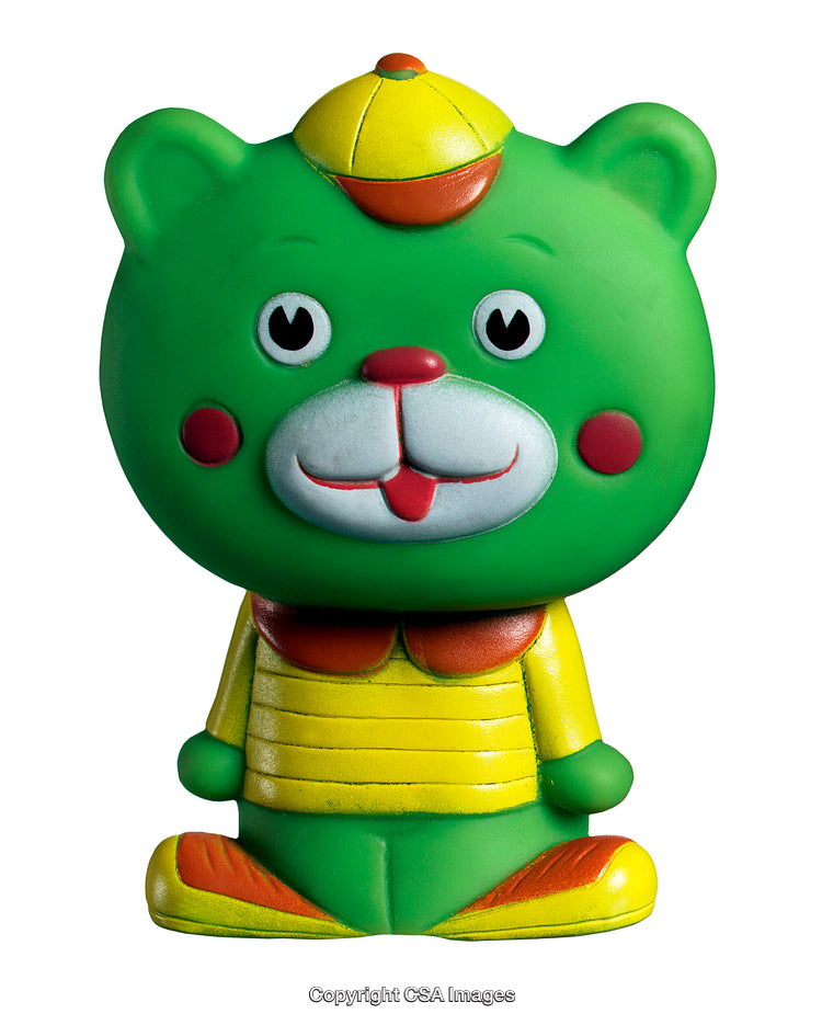 Cute Green Bear Toy Figure with Yellow Costume Sitting Upright